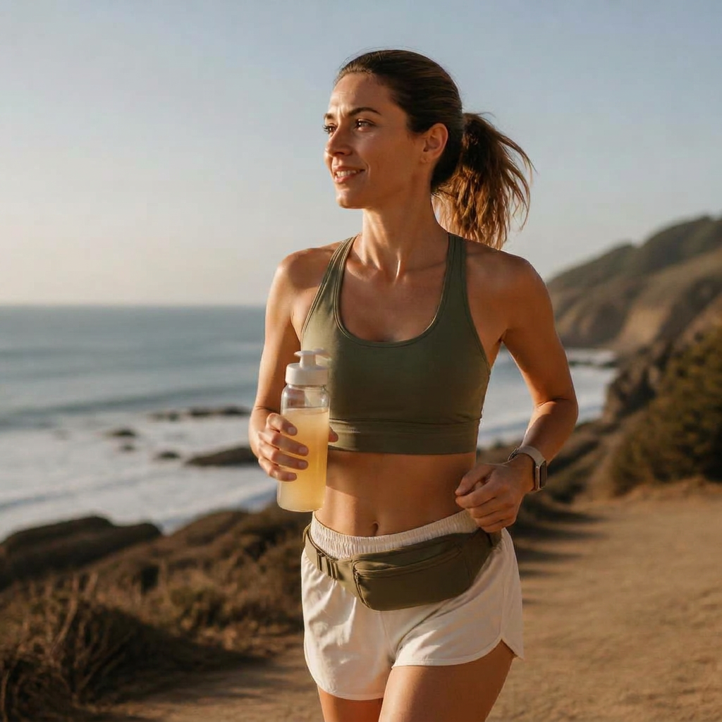Runner jogging on a coastal trail with a bottle of hydration mix