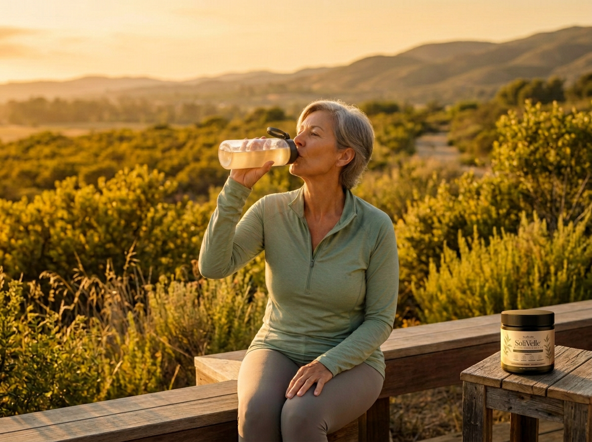 Active senior woman drinking from a water bottle outdoors